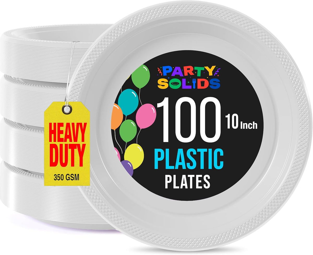 Exquisite Party Solids White Plastic Plates For Party 10" White Disposable Plates Heavy Duty Supplies 100 Pcs Plastic Dinnerware Sets Heavy Duty 350 GSM Disposable Dinnerware Set