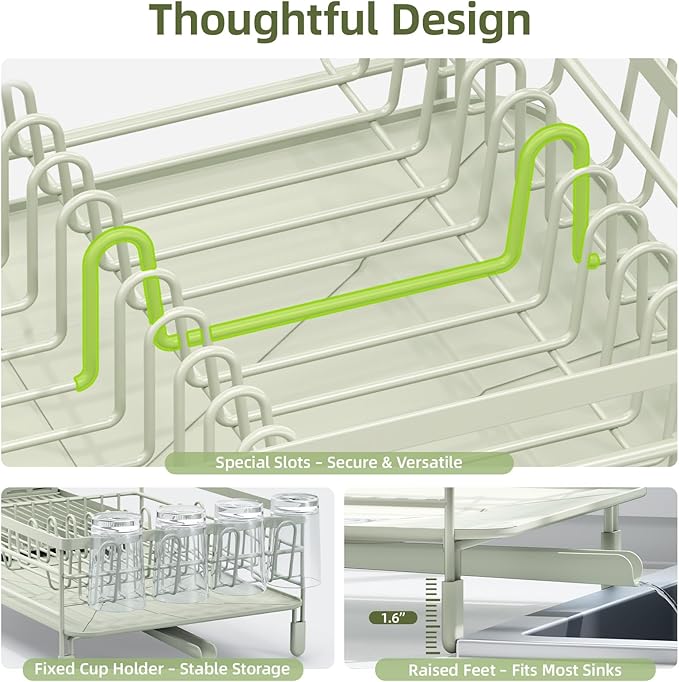 Urackify Large Dish Drying Rack, Expandable Dish Racks for Kitchen Counter, Multifunctional Dish Drainer with Utensil Holder & Cup Holder, 18.5"-26.7" L x 12.7" W, Soft Celery Green
