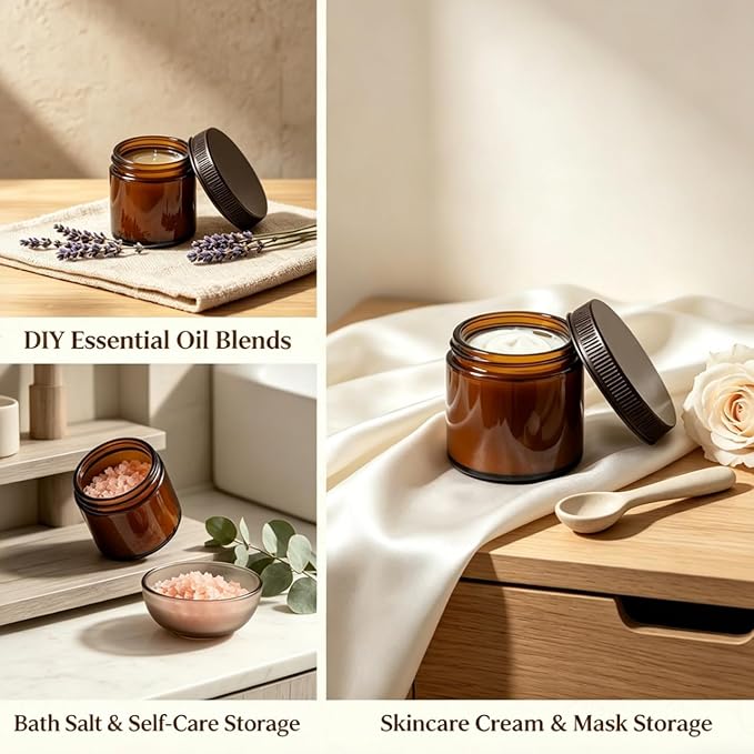 8oz Amber Candle Jars Set of 12,Round Glass Jar with Black Lids,Empty 250ml Glass Candle Making Jar Bulk Thick Small Food Storage Jars for Spice,Candy,Powder