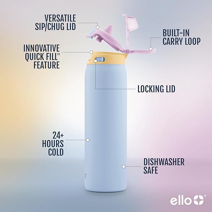 Ello Pop & Fill 22oz Stainless Steel Water Bottle with Quick Fill Technology, Double Walled and Vacuum Insulated Metal, Leak Proof Locking Lid, Sip and Chug, Reusable, BPA Free, Coastal Sunrise
