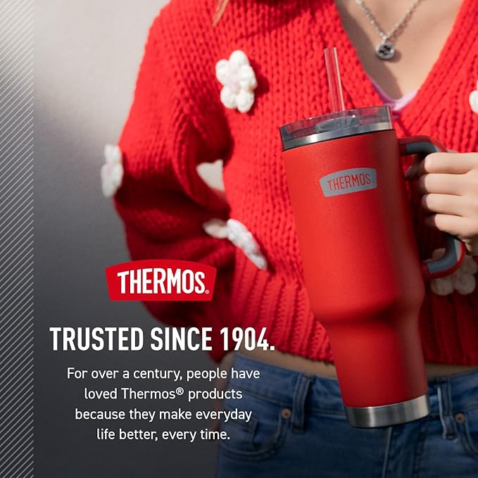 THERMOS Stainless Steel Cup Holder Mug - 40 Ounce, Melon - Insulated Tumbler with Lid and Straw, Plus Leak-Resistant Slide Lock