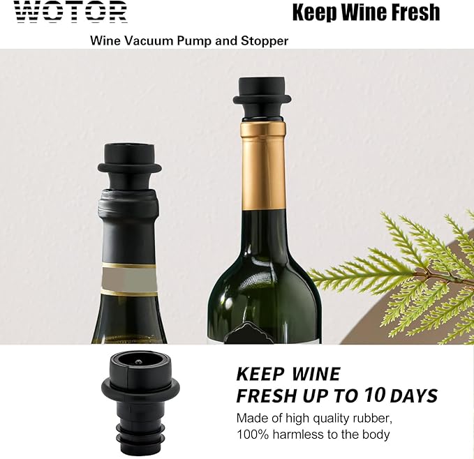 WOTOR Wine Saver Vacuum Pump with 20 Stoppers, Wine Stopper & Preserver, Reusable Bottle Sealer Keeps Fresh, Ideal Accessories Gift (Flat Handle) (Pack of 2)