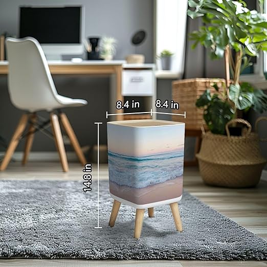 Small Trash Can with Lid Ocean Waves Sand Beach Wastebasket with Press Cover Dog Proof Garbage Can Waste Bin for Kitchen Bathroom Nursery 2.6 Gallon