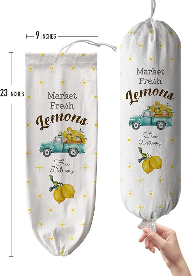 Hglian Farmhouse Grocery Plastic Bag Holder Dispenser Cute Market Fresh Lemons Buffalo Check Truck Shopping Trash bags Storage Container Organizer Lemons Kitchen Decor Yellow Blue