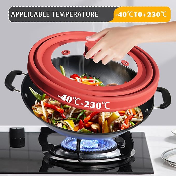 Microwave Splatter Cover, Vented Silicone and Glass Cover Splatter Guard Lid, Food Collapsible Plate Cover Lid with Easy Grip Handle. (Red, 10.8 inch)