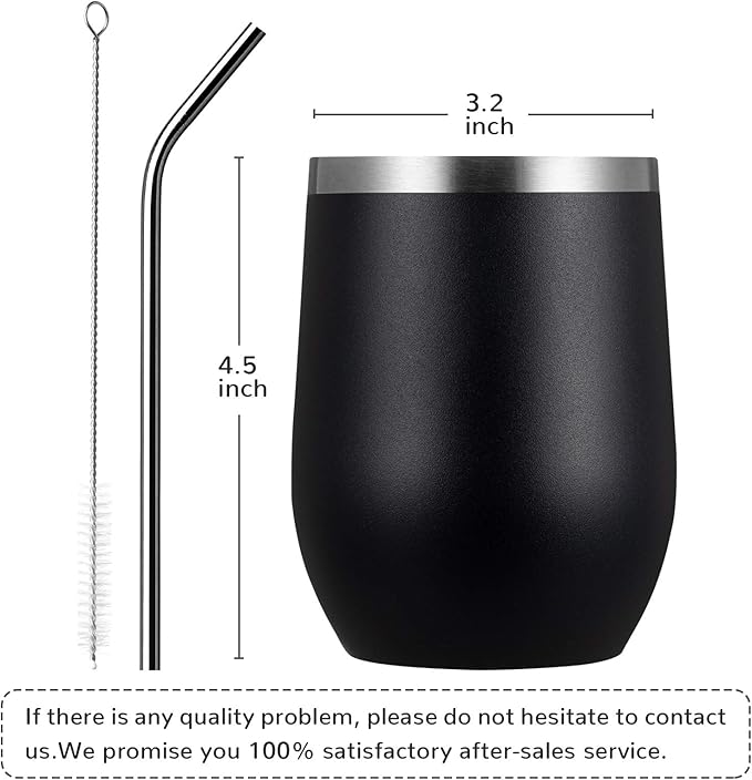 MEWAY 12OZ/8 Pack Wine Tumbler Glasses with Lid - Stemless Double Wall Vacuum Stainless Steel Travel Tumbler - Keeping Cold & Hot for Wine,Coffee,Cocktails,Drinks-Family and Gifts (Black,Set of 8)