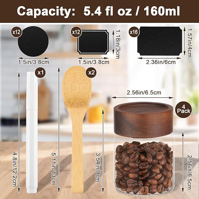 5oz Coffee Jars with Wood Lids, 4 Pack 160ml Clear Glass Storage Jars with Airtight Screw Lids, Empty Spice Bottles Food Storage Containers Meal Prep Canister for Salad, Sugar, Honey, Tea, Candy
