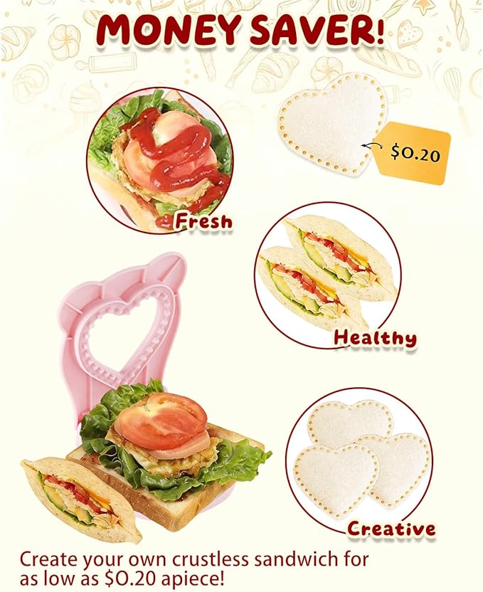 CHICHAUS Uncrustable Sandwich Maker,Sandwiches Pocket Circle Shape 3.7Inch Sandwich Cutter and Sealer,Sandwich Cutter for Kids Breakfast and lunchboxes (Heart Pink)