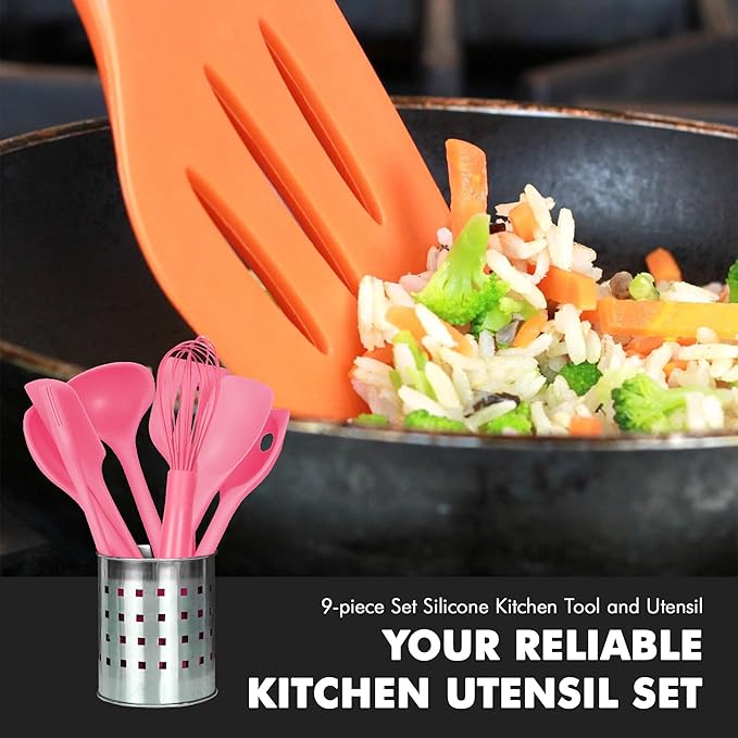 Chef Craft - Premium Silicone Kitchen Tools and Utensils Set, Non-Scratch, Withstands Temperatures up to 450°F, BPA-Free, 9 Piece Cooking Utensils Set, Pink