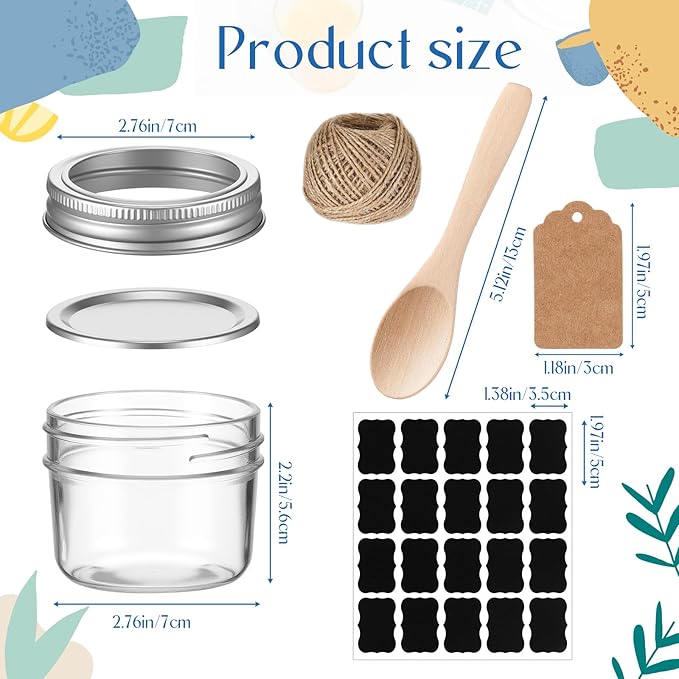 Baderke 20 Set Mini Mason Jars with Wood Spoon 4 oz Mini Jam Jars with Lids and Labels, Small Glass Canning for Jelly Spice Herbs Honey Storage Bridal Shower Wedding Favors DIY Candles(Silver)