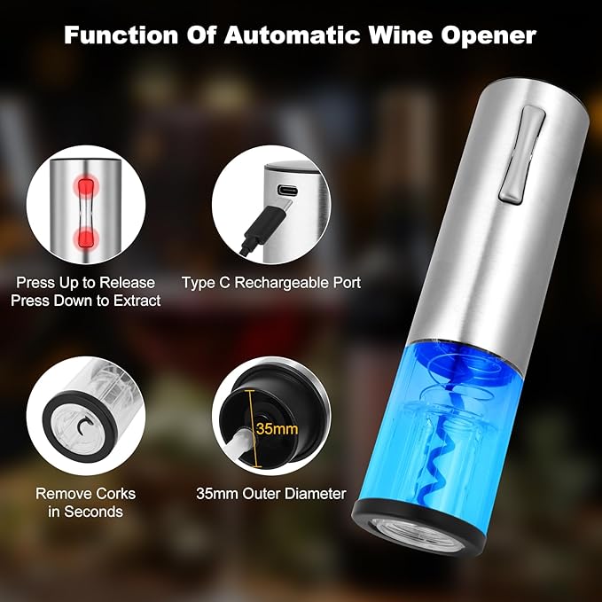 VIDYSUFYR Electric Wine Opener with Electric Decanter and Aerator, Rechargeable Electric Wine Bottle Opener, Stainless Steel Wine Accessories with Foil Cutter, Electric Aerator, Vaccum Stopper