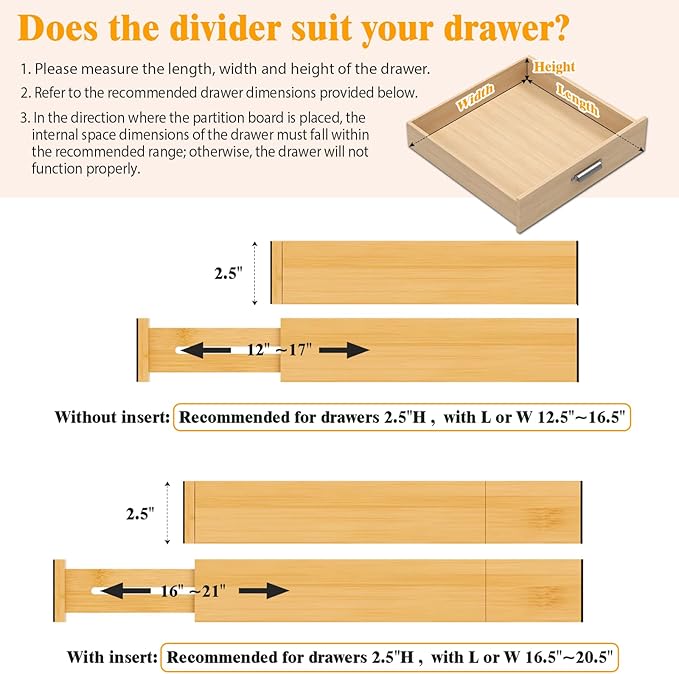Bamboo Drawer Dividers,12-21" Adjustable Drawer Organizers for Clothes,Expandable Dresser Separators in Kitchen/Bedroom/Bathroom/Vanity/Office Organization and Storage,5-Pack