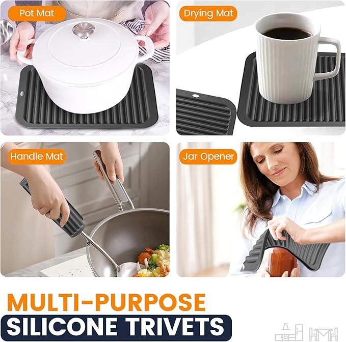 Silicone Trivet Mats 2 Heat Resistant Pot Holders Multipurpose Non-Slip Hot Pads for Kitchen Potholders, Drying mat, Jar Opener, Spoon Holder, Coaster.(Jet Black)