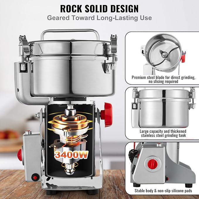VEVOR 2000g Electric Grain Mill Grinder, High Speed 3400W Commercial Spice Grinders, Stainless Steel Pulverizer Powder Machine, for Dry Grains Spices Cereals Coffee Corn Pepper, Swing Type