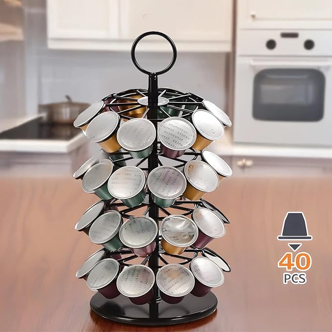 Rotating Coffee Pod Storage Carousel, Holds 40 Capsules, Sleek Coffee Organizer Rack