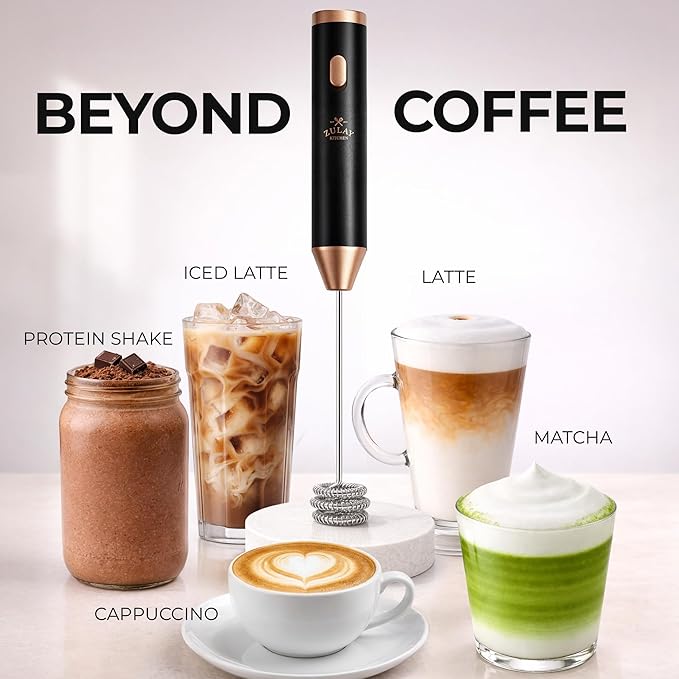 Zulay Kitchen Metal Rechargeable Milk Frother, 3 Whisk Attachments Handheld Frother Wand, 1800mAh USB-C Charging, Electric Drink Mixer for Protein, Matcha & Powders - One Charge Lasts up to 6 Months