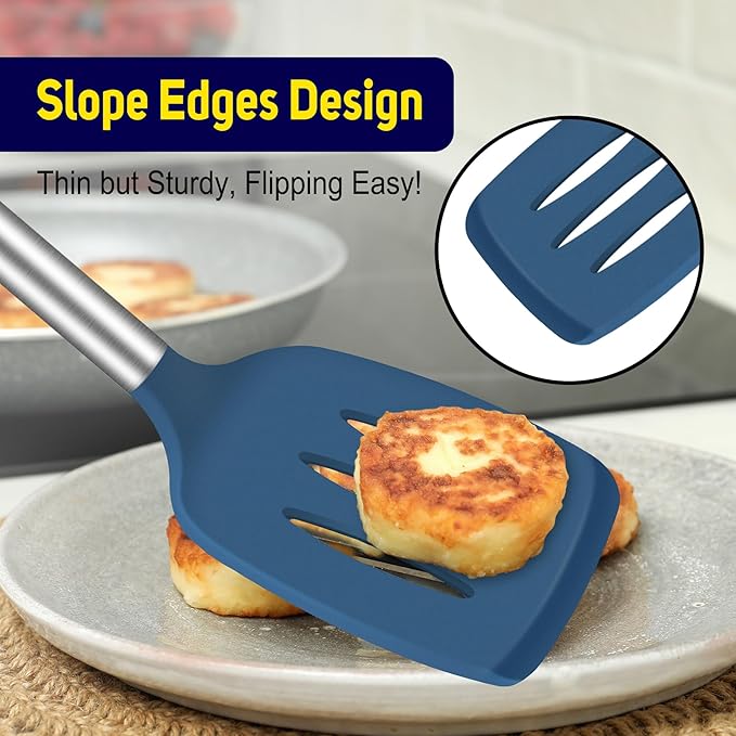 HOTEC Silicone Spatula Set of 2 Heat-Resistant 600°F & BPA-Free Kitchen SaptulaTurner with Stainless Steel Handles, Slotted & Solid Spatulas for Nonstick Cookware, 13.7 Inch, Classic Blue