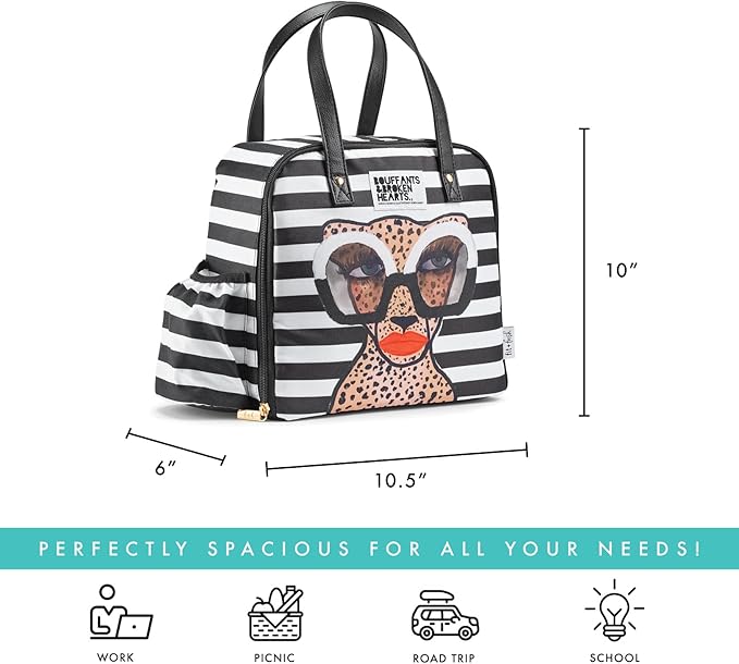 Fit & Fresh Lunch Bag For Women, Insulated Womens Lunch Bag For Work, Leakproof & Stain-Resistant Large Lunch Box For Women With Containers, Tumbler and Ice Pack, Zipper Closure B&W Glam Cat
