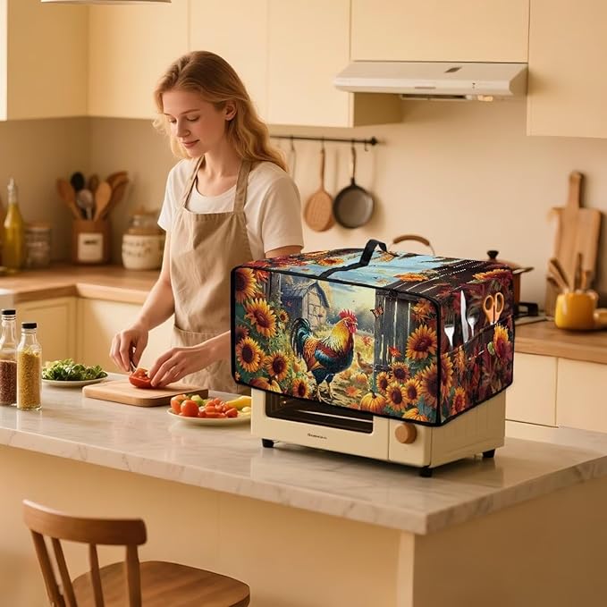 Toaster Oven Dust Cover Dustproof Smart Oven Air Fryer Microwave Cover with Pockets, Electric Appliance Protector Fall Home Decor, M, Chicken Rooster Sunflower Pumpkin Butterfly