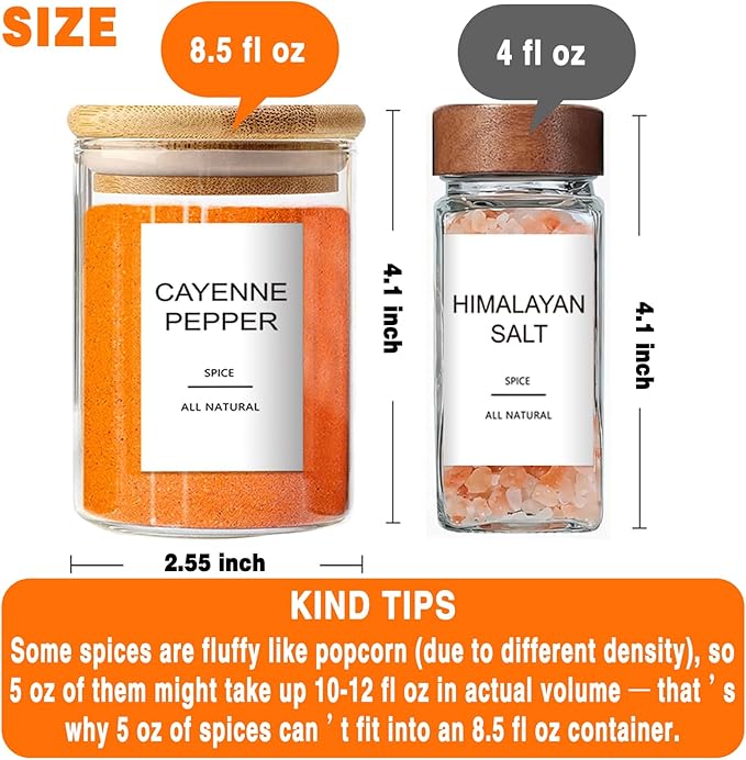 GPOVVIMX 12 Pcs Glass Spice Jars with Bamboo Airtight Lids and 191 Labels - 8.5oz Small Food Storage Containers for Kitchen, Seasoning, Coffee, Herb - Spoon and Marker Included