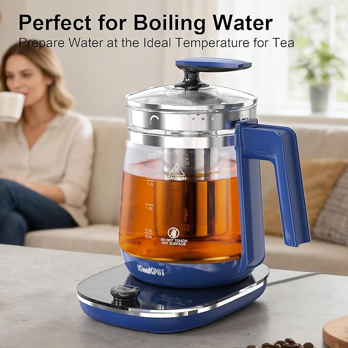 1200w Electric Kettle, 1.5L Borosilicate Glass tea kettle, Hot water kettle electric for Coffee or Tea, BPA Free, Auto Shut-Off, Stainless Steel, Fast Boil, Blue