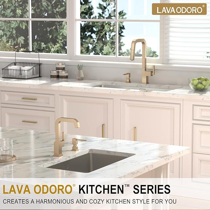 Champagne Gold Soap Dispenser for Kitchen Sink, Lava Odoro Built in Sink Soap Dispenser, Solid Brass Kitchen Soap Pump and Lotion Dispenser with 18oz Refillable Bottle, Spot-Free, KSD182-CB