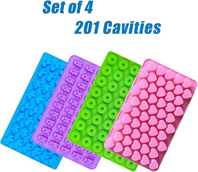 WARM TIME Gummy Bear Candy Molds Silicone, Mini Gummy Molds with 2 Droppers, Food Grade Non-Stick Silicone Molds Including Heart, Dinosaur, Bear, and Donut, Set of 4