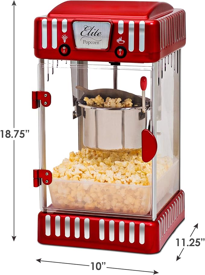 Elite Gourmet EPM-250 Maxi-Matic 2.5 Ounce Classic Carnival, Tabletop Kettle Popcorn Popper Machine, Retro-Style, Movie Hot Buttered Popcorn, Red