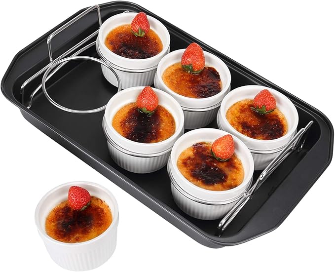Creme Brulee Making Set - 6 Porcelain Ramekins 6 oz, 304 Stainless Steel Lifting Rack, 9" X 13" Bottom Pan