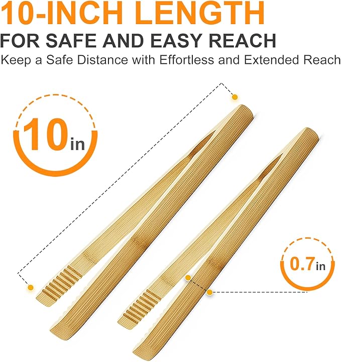 2 Pack Premium Bamboo Toaster Tongs, 10 Inches Natural Wooden Tongs with Serrated Tips for a Secure Grip on Toast, Bagels, Pastries, and Salads, Reusable for Cooking & Serving