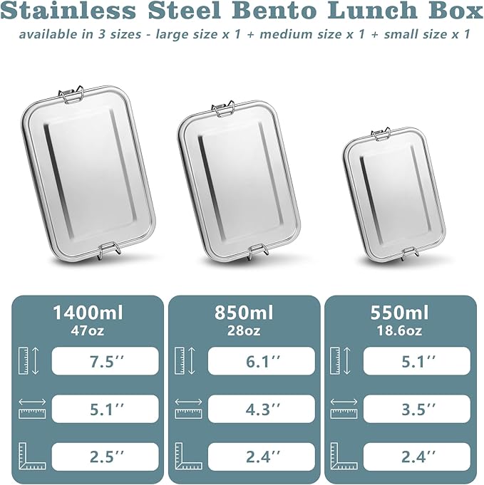 TeamFar Stainless Steel Bento Box, 3 Pack (16, 28 & 47oz) Metal Lunch Box with 3 Compartments for Adults Kids, Lunch Food Containers for School/Work/Meal Prep, Leak-Proof, 550ML+850ml+1400ML