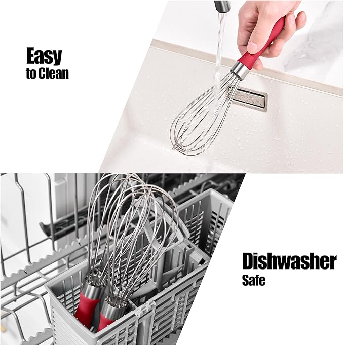 18/8 Stainless Steel Balloon Whisk, Doosu Kitchen Whisk for Cooking Handheld Egg Beater with Rust-Proof Sturdy Wires & Non-Slip Silicone Handle for Beating, Stirring, Blending (6 Wires, Red)