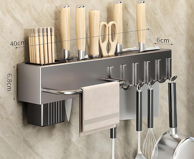 SEIDO Carbon Steel Utensil Rack – Space-Saving 16" L Kitchen Organizer with hooks & hanging bar, Gunmetal Gray Knife Holder, 2 Installation Options (Adhesive/Screwed)