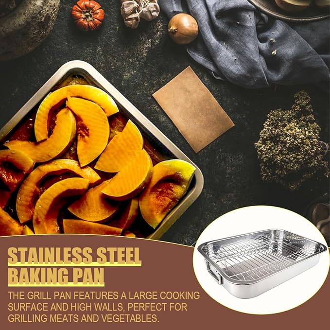 Stainless Steel Roasting Pan with Rack Rectangular Baking Pan BBQ Bakeware Quarter Sheet with Handles for Turkey Chicken Meat & Vegetables (36x26x6CM)
