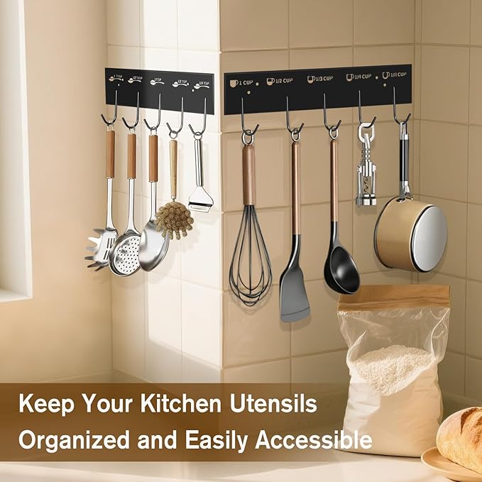 2 Pack Measuring Cups and Spoons Hanging Rack, Black Hanging Cups and Spoons Rack, Space Saving Kitchen Utensil Holder, Including Screw and Adhesive Mounting