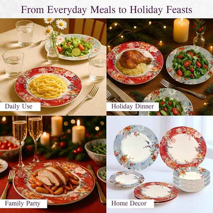 TUDOR Royal Collection 12-Piece Round Porcelain Dinnerware Set, Service for 4 with Dinner Plates, Bowls, and Salad Plates, Crimson Summer Floral Unique Design, Gloss Finish, Durable & Premium Quality