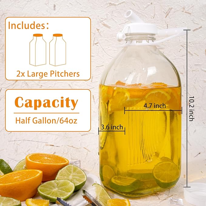 2 Pack 64 Oz Glass Milk Bottles with Nut Milk Bag & 2 Pour Spout & 2 Airtight Lids & Brush- 1/2 Gallon Heavy Duty Jug Pitcher Large Reusable Container for Milk, Juice, Water, Coffee for Refrigerator