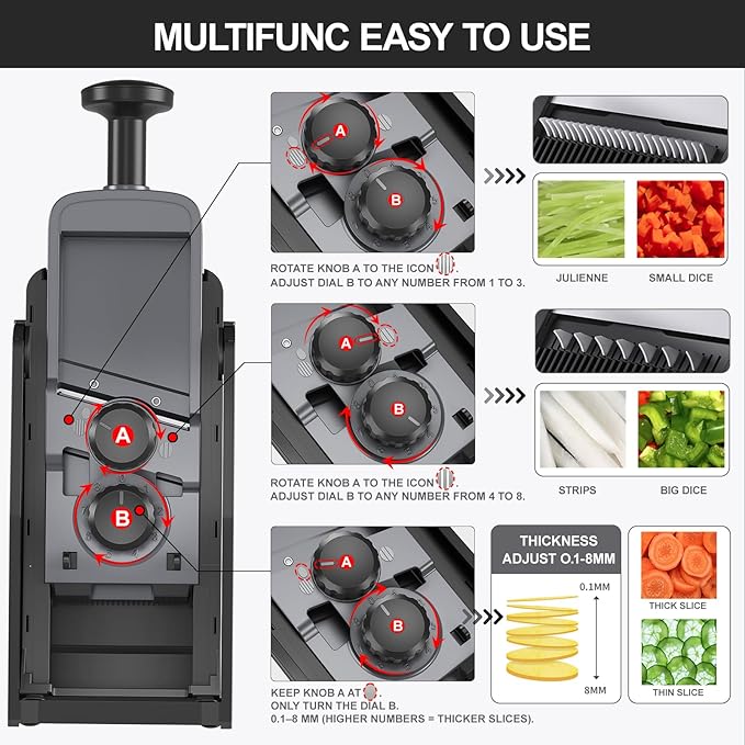SupMaKin Upgrade Safe Mandoline Slicer,Multi Vegetable Chopper,Potato Slicer, Onion Chopper with Drain Basket Storage Container, Cheese Grater Kitchen Chopping Artifact (Black)