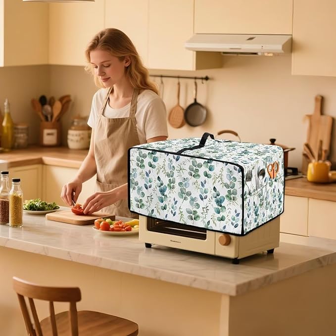 Countertop Convection Oven Cover Decorative and Protective Air Fryer Toaster Oven Dust Cover for Home Kitchen Indoor Decor, S, Eucalyptus Leaf Green White