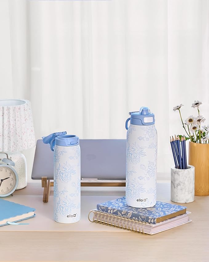 Ello Pop & Fill 32oz Stainless Steel Water Bottle with QuickFill Technology, Double Walled and Vacuum Insulated Metal, Leak Proof Locking Lid, Straw and Chug, Reusable, BPA Free, Porcelain Rose