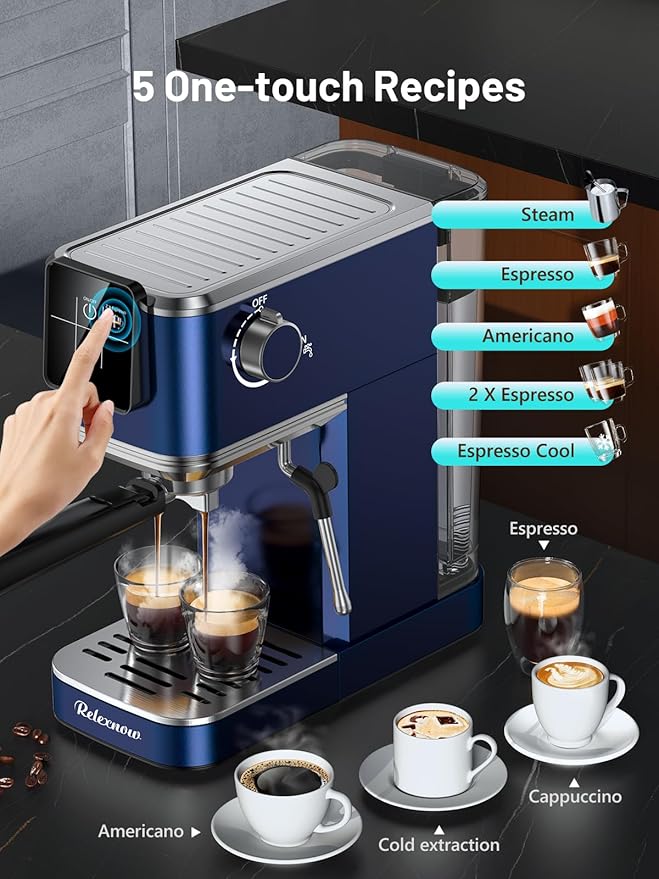RELEXNOW Espresso Machine, 20 Bar Espresso Maker Milk Frother & LCD Panel, Hot & Iced Coffee Machine, Stainless Steel Espresso Coffee Machine with 41oz Water Tank for Cappuccino, Latte