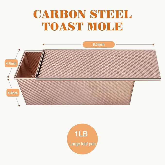 Pullman Loaf Pan with Lid, Non-Stick Carbon Steel Bread Pan for Homemade Sandwich & Sourdough Bread, 1lb Dough Capacity, Corrugated Toast Box Mold, Gold