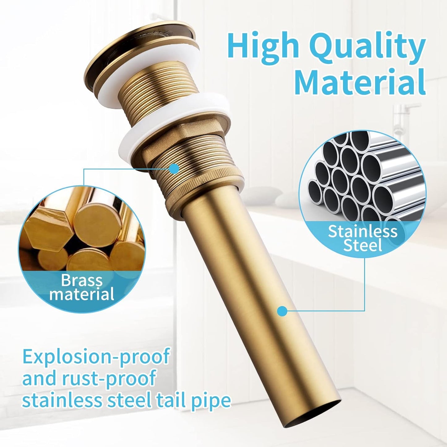 Bathroom Sink Pop Up Drain Without Overflow, Vessel Sink Drain with Detachable Filter Basket, Anti-Corrosion and Anti-Clogging Sink Pop Up Drain Stopper (Brushed Gold)