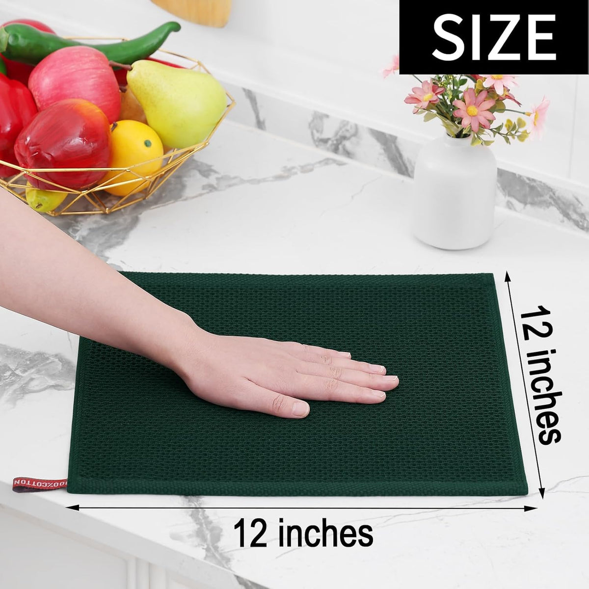 Homaxy 100% Cotton Waffle Weave Kitchen Dish Cloths, Ultra Soft Absorbent Quick Drying Dish Towels, 12 x 12 Inches, 8-Pack, Blackish Green