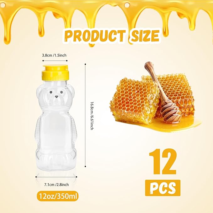 12 Pack Honey Bear Bottle 12 oz, Reusable Plastic Honey Bear Jars Bulk with Yellow Flip Top Lid for Storing and Dispensing(350ml /12oz)