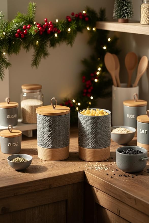 Miamolo Large Food Storage Jar Coffee Container with Lids, Ceramic Coffee Canister for Sugar Spice Cookie Ground Coffee - Kitchen Pantry, Housewarming Weeding Gift - Gray & 64 fl.oz