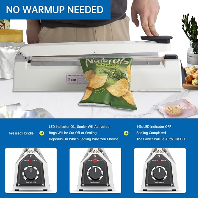 Impulse Heat Sealer with Hot Cutting Wire, Heavy-Duty Bag Sealing & Cutting Machine, 2 Extra Replacements, 8 Stalls Temperature Adjustment, White, 16-Inch