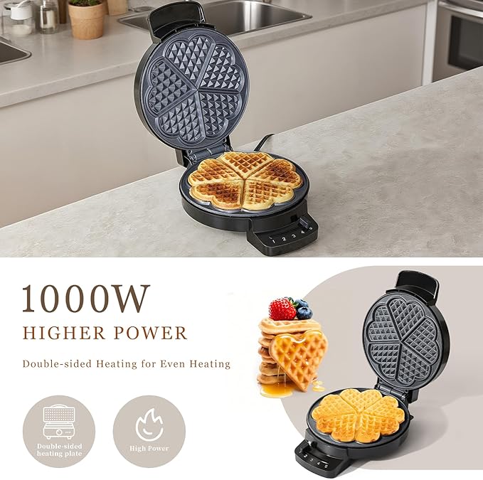 UVFAST Heart Waffle Maker, Heart Shaped Waffle Iron 5 Slices, Mini Waffle Makers with 8'' Non-stick Plates, Adjustable 5 Browning Control, Cool Touch Handle, Easy to Clean, Valentine's Day Gift, 1000W