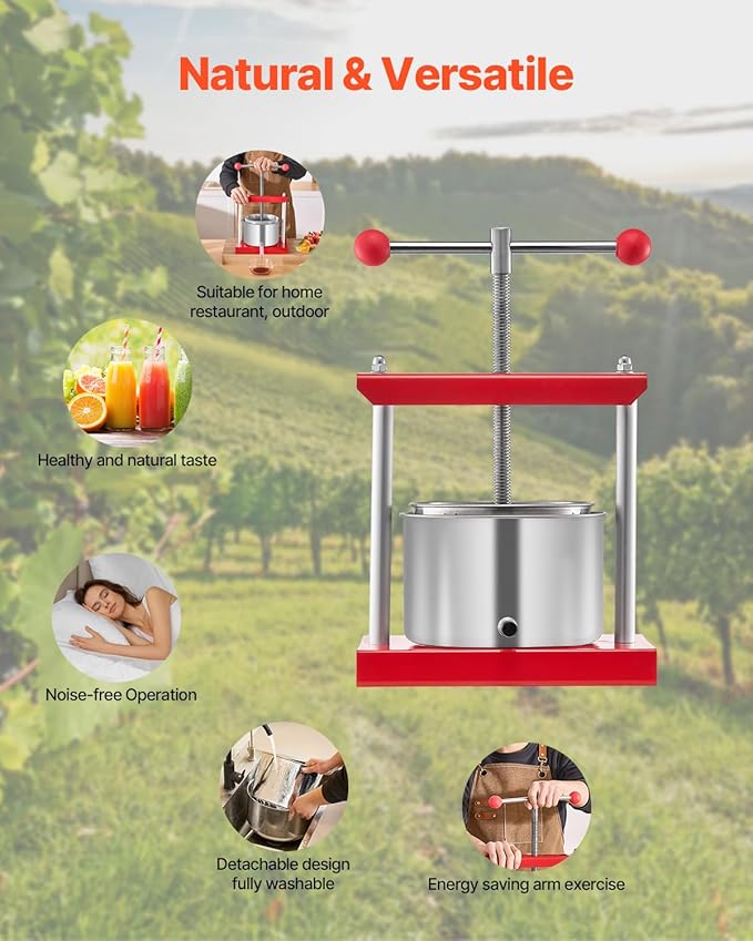 VEVOR 0.8 Gal/3L Fruit Wine Press, 2 Stainless Steel Barrels, Manual Juice Maker, Cider Apple Grape Tincture Honey Olive Oil Making Press with T-Handle for Outdoor Kitchen Home