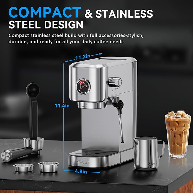 XIXUBX 20Bar Espresso Machine, Compact Espresso Maker with Milk Frother, Stainless Steel Coffee Machine for Cappuccino&Latte, 42oz Water Tank, Visible Pressure Gauge, Home&Office, Silver